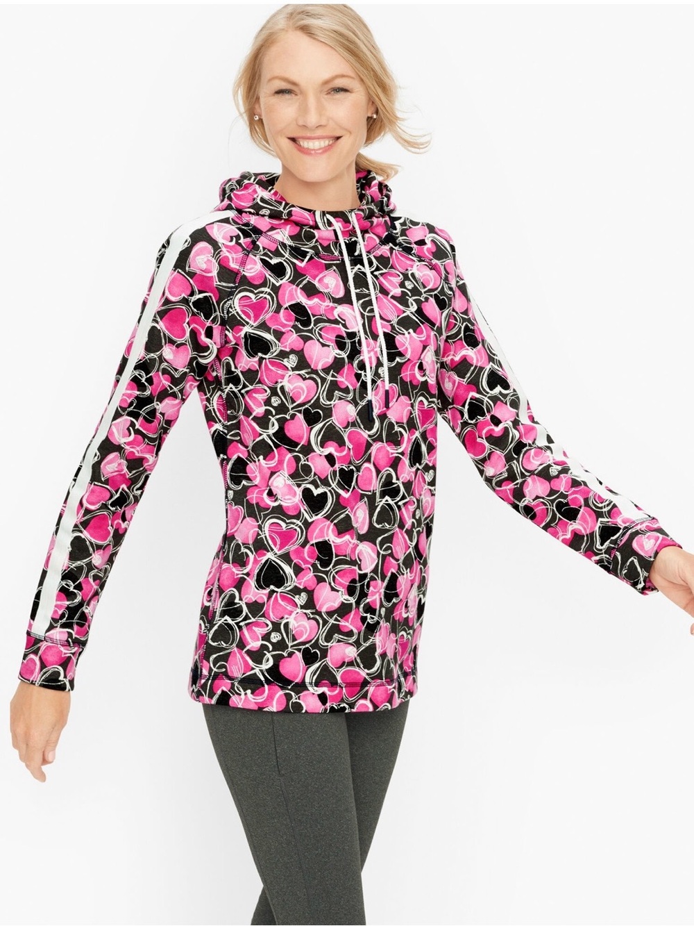 T by Talbots (Size Large) Talbots Pink and Black Heart-Print Hoodie